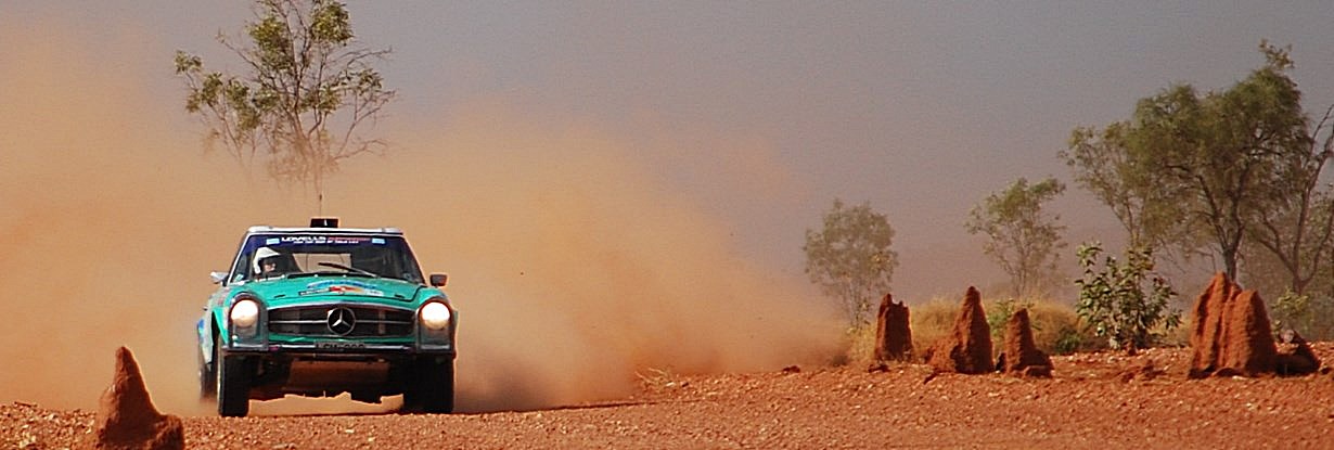 Merceded rally car going past ant hills